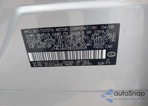 2008 Lexus Es 350 z USA, uszkodzony, nr VIN JTHBJ46G382246508